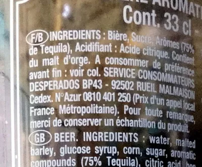 Lista de ingredientes del producto Bière - Tequila Desperados 33 cl