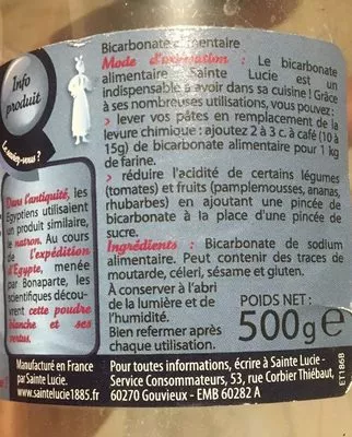 Lista de ingredientes del producto Bicarbonate Alimentaire Sainte Lucie 500 g