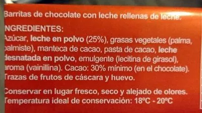 Liste des ingrédients du produit Barritas de chocolate con leche Dolis 16 barritas
