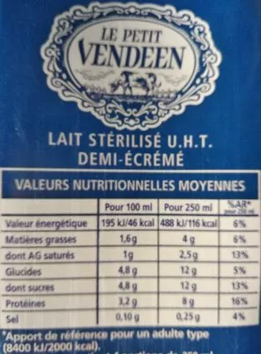 List of product ingredients Lait U.H.T demi-écrémé Le petit vendéen 