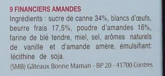 Lista de ingredientes del producto Bonne Maman Financiers amandes Bonne Maman 135 g