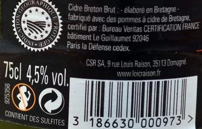 List of product ingredients Cidre Brut Loïc Raison 75 cl
