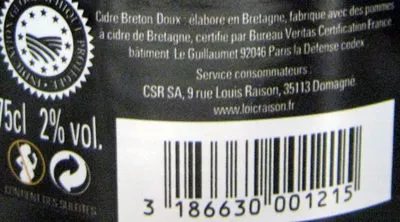 Liste des ingrédients du produit Cidre Breton Doux Loïc Raison 75 cl