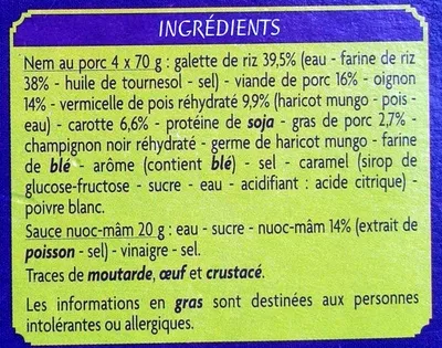 Lista de ingredientes del producto 4 nems au porc avec sauce nuoc-mâm Casino Saveurs d'Ailleurs, Groupe Casino 300 g