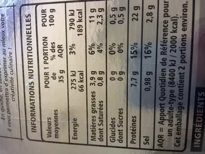 List of product ingredients Saumon fumé élevé en Norvège Casino 70 g