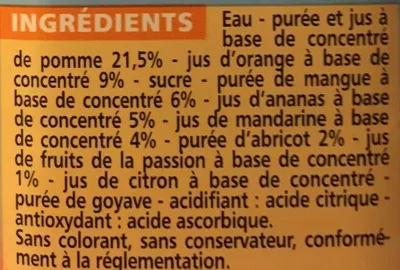 List of product ingredients Exotique - Teneur en fruits 50% minimum - Nectar multifruits à base de jus et de purées de fruits concentrés Casino 1 l