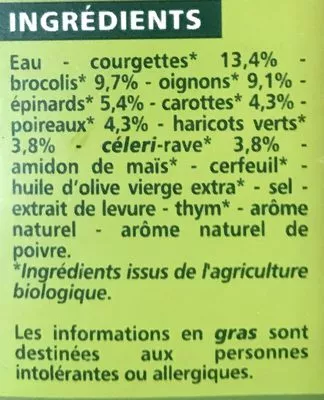 List of product ingredients Velouté de légumes verts Bio Casino Bio,  Casino 1 l