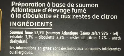 List of product ingredients 2 Tartares de Saumon fumé - Ciboulette citron Casino Délices,  Casino 2 x 80 g