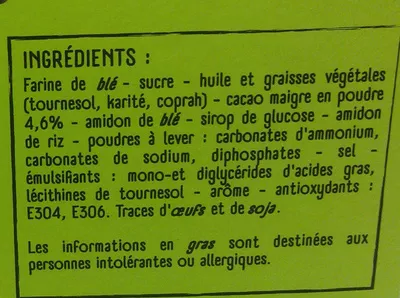 Liste des ingrédients du produit Biscuits cacaotés tout ronds Casino 176 g