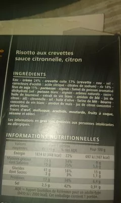 Liste des ingrédients du produit Risotto aux crevettes sauce citronnelle  citron Casino Delices 