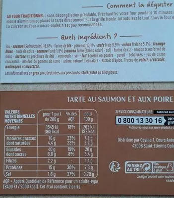 List of product ingredients Tarte saumon - Saumon et poireaux Casino 400 g