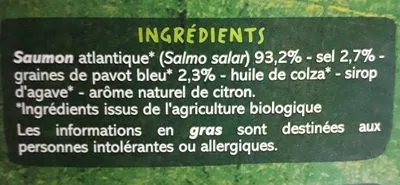 List of product ingredients Emincés de saumon fumé BIO au pavot Casino Bio,  Casino 100 g