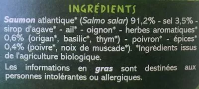 List of product ingredients Emincés de saumon fumé aux herbes aromatiques et épices Bio Casino Bio,  Casino 100 g