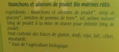 Lista de ingredientes del producto Manchons et ailerons de poulet rôti bio Maître Coq 250 g