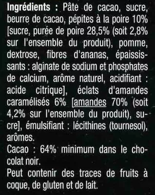 Lista de ingredientes del producto Noirpépitessaveur poire Carrefour 100 g