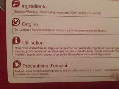 List of product ingredients Saumon fumé ecosse Carrefour 450 g