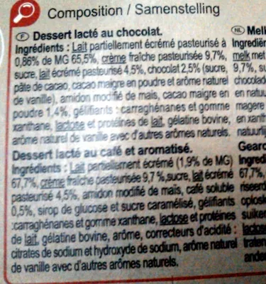 Lista de ingredientes del producto LIÉGEOIS à la Crème fraiche, 4 Chocolat, 4 Café Carrefour 800 g