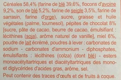 Liste des ingrédients du produit Biscuits P'tit dèj aux pépites de chocolat et au miel Carrefour 400 g