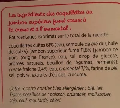 List of product ingredients Coquillettes au jambon et au fromage la barquette de 280 gr Marie 308 g