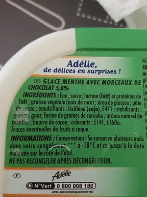 List of product ingredients Glace menthe chocolat Adélie, Intermarché 1 l