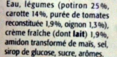 Liste des ingrédients du produit Veloute de potiron et creme Saint Eloi, Saint Eloi, Sélection Intermarché 600 g
