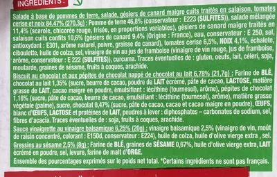 Liste des ingrédients du produit Salade La Gourmande Gésiers de canard, Pomme de terre Salade, Tomates, Noix Monique Ranou, Intermarché 320 g