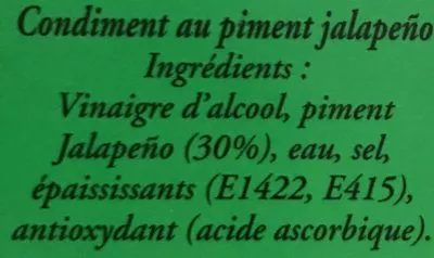 Lista de ingredientes del producto Tabasco au Piment Vert Tabasco, Mc. Ilhenny Co., Unilever France, Unilever 57 ml