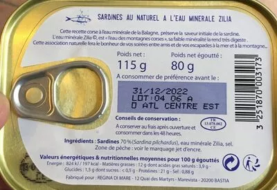 Liste des ingrédients du produit Sardines Au Naturel à l'Eau Minerale Corse Zilia Regina di Mare 115g
