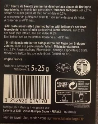 Liste des ingrédients du produit Beurre de Baratte Le Gall 5 * 25 g