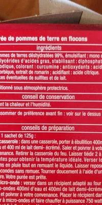 Lista de ingredientes del producto Purée de Pommes de terre Auchan 500 g (4 * 125 g e)