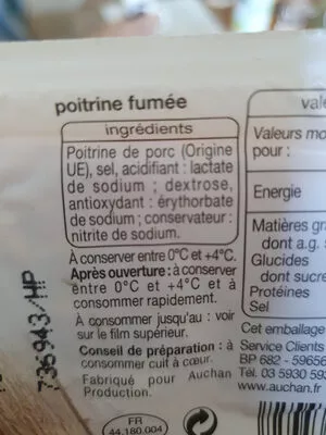 Liste des ingrédients du produit Poitrine pré-tranchée fumée Auchan 