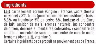 Liste des ingrédients du produit Yaourts brassés sucrés à la pulpe de fruits rouges U 8 x 125 g