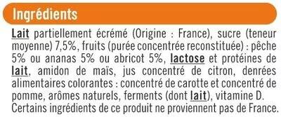 List of product ingredients Yaourt brassé mix sucré à la pulpe de fruits jaunes U 8 pots x125 g