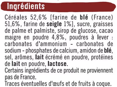 Lista de ingredientes del producto Goûters fourrés carrés parfum chocolat U Mat & Lou,  U 16 paquets, soit 300 g