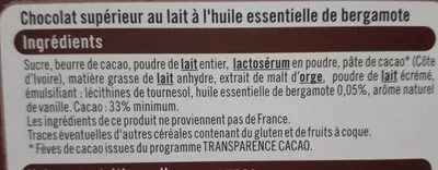 List of product ingredients Chocolat au lait bergamote U 100 g