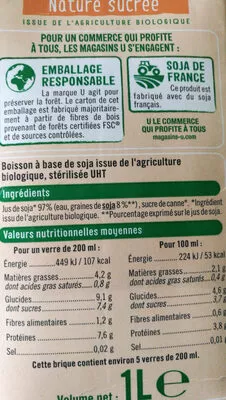 Liste des ingrédients du produit Boisson soja nature sucrée U Bio, U 1 l