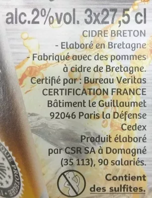 Liste des ingrédients du produit Cidre Breton Doux Loïc Raison 82.5 cl (3 x 27.5 cl)