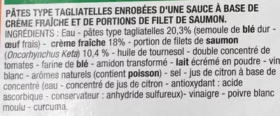 Lista de ingredientes del producto Tagliatelles saumon à la crème fraîche, Surgelé Cora 300 g
