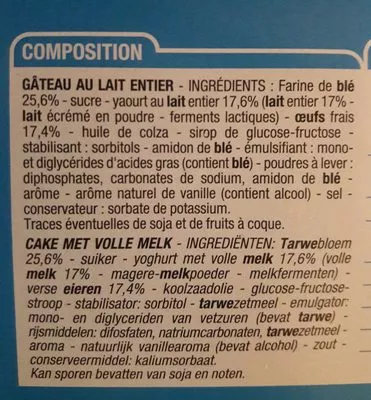 Liste des ingrédients du produit Gâteau au lait entier Cora 300 g e