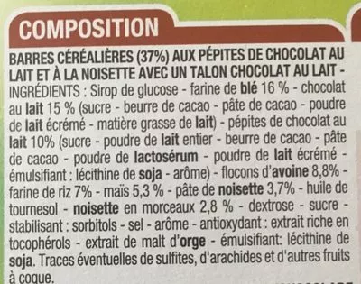 Liste des ingrédients du produit Barres Céréales Chocolat Noir Noisettes Cora 125 g e (20,8 g * 6)
