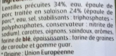 Liste des ingrédients du produit Petit Salé aux lentilles cuisinées Belle France 840 g e