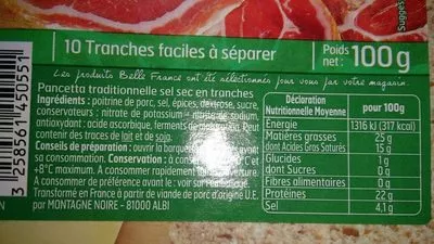 Liste des ingrédients du produit Pancetta Belle France 100 g