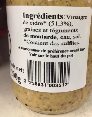 Lista de ingredientes del producto Moutarde Entière Au Vinaigre De Cidre Delous Fils 200g