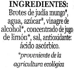 Lista de ingredientes del producto Brotes de judía mungo en conserva ecológicas "Minerve" Minerve 330 g (neto), 175 g (escurrido), 370 ml