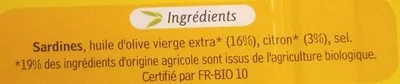 Liste des ingrédients du produit Sardines de Bretagne à l'huile d'olive et citron Phare d'Eckmühl 135 g