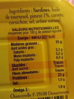 Lista de ingredientes del producto Sardines généreuses au piment Connétable 140 g