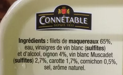 Liste des ingrédients du produit Filet Maquerx Label Rge mar Muscadet aro 176g Cble connétable 176 g