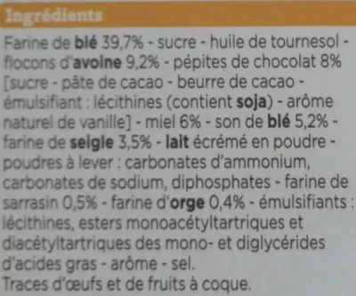 List of product ingredients Biscuits Petit Déjeuner Miel, Céréales et Pépites de Chocolat Franprix, Distribution Franprix 400 g e (8 * 50 g)