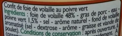 Lista de ingredientes del producto Confit de Foie de Volaille au Poivre Vert Leader Price 180 g