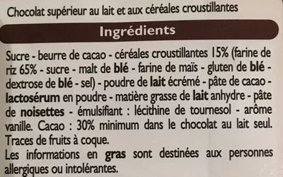 Liste des ingrédients du produit Chocolat au Lait aux Céréales Croustillantes Leader Price 100 g e